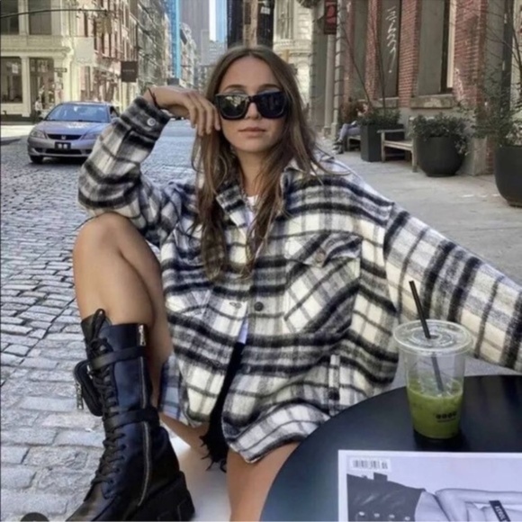 Zara | Wool Blend Oversized Black & White Plaid Shacket Jacket Large - Picture 1 of 15
